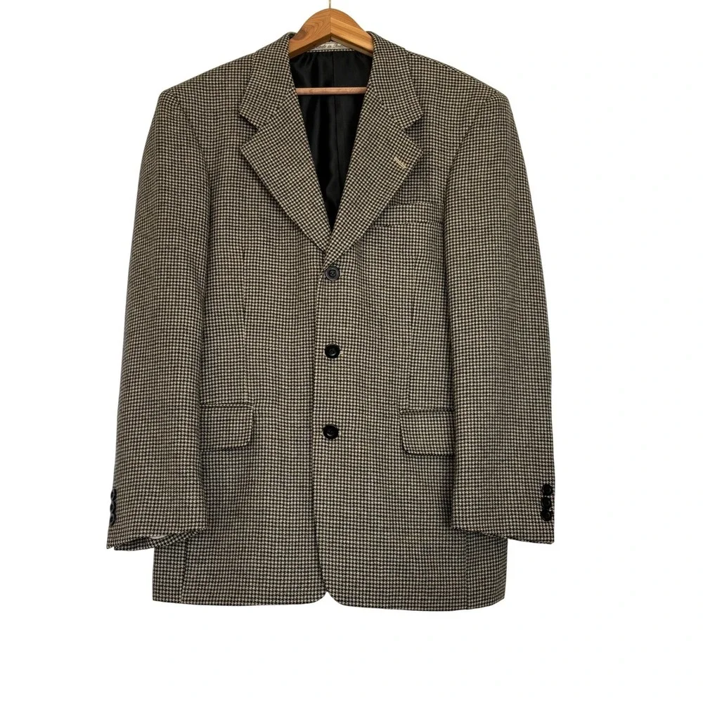 Tom Tailor Mens 36R Lambswool Houndstooth Blazer Brown Black 3 Button Sport Coat
